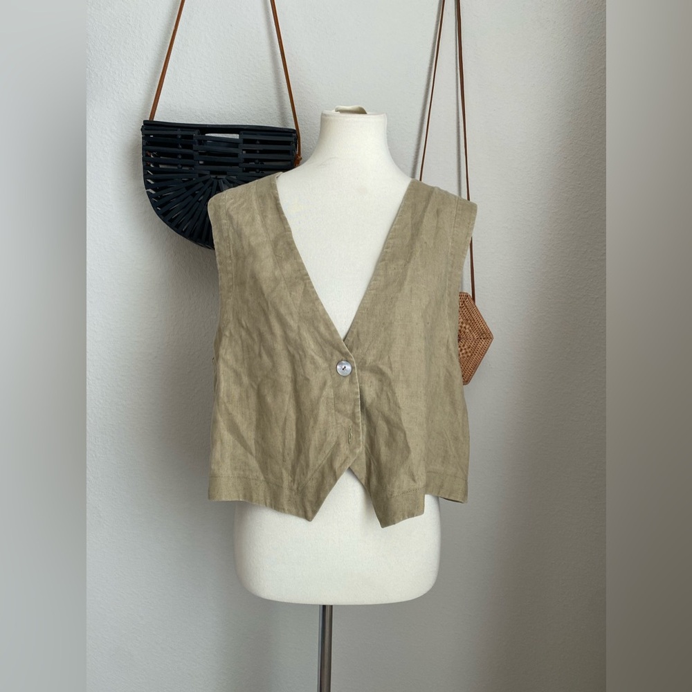 Kathleen Sommers Linen Lagenlook Beige Green Boxy Fit Vest, Size Medium - Picture 1 of 4